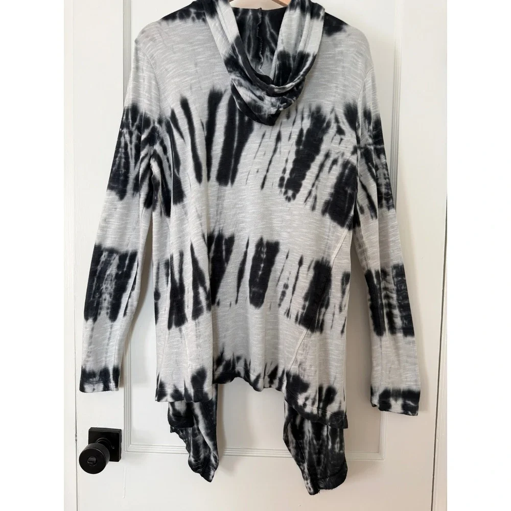 XCVI Tie Dye Hooded Cardigan M Black Gray Open Front Boho Asymmetrical Lagenlook